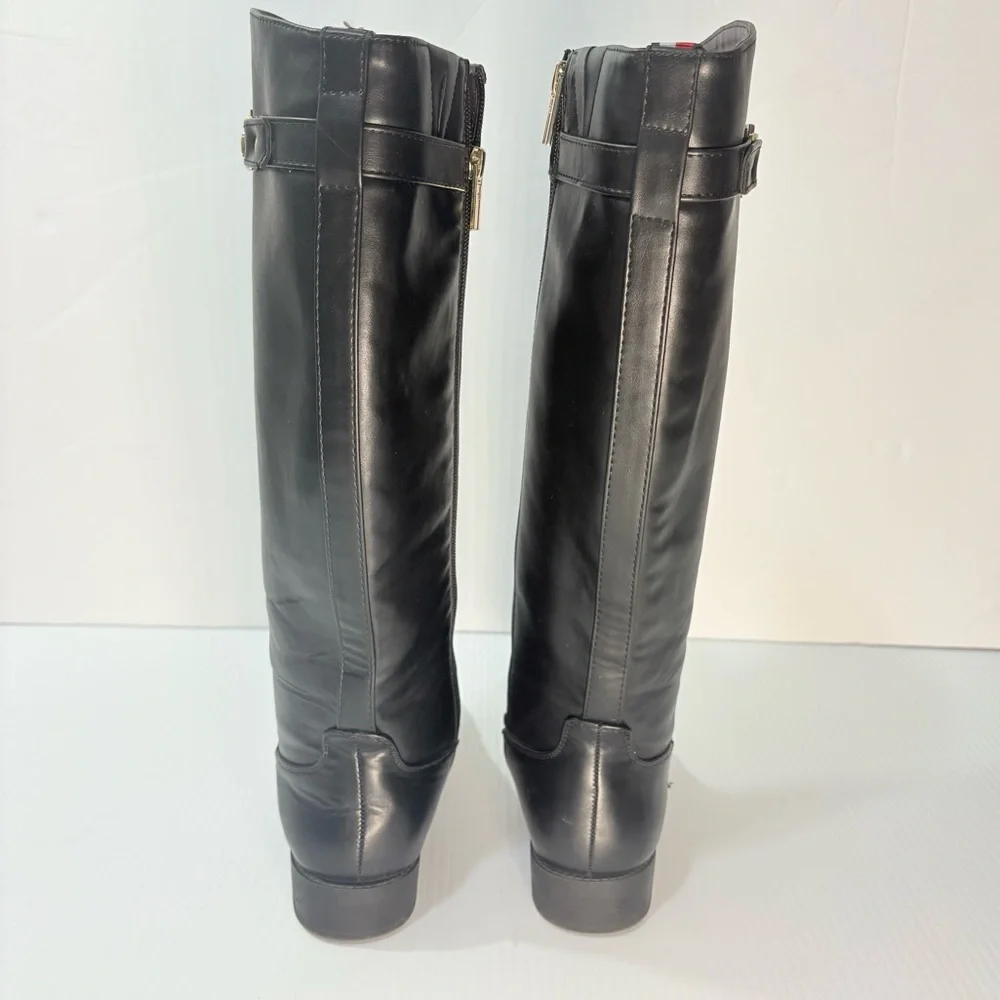 Tommy Hilfiger Inezy Black Knee High Equestrian Boots Side Zip Block Heel Sz6